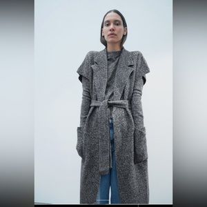 Long Gray Sleeveless Coat with Belt - Women's Jacket